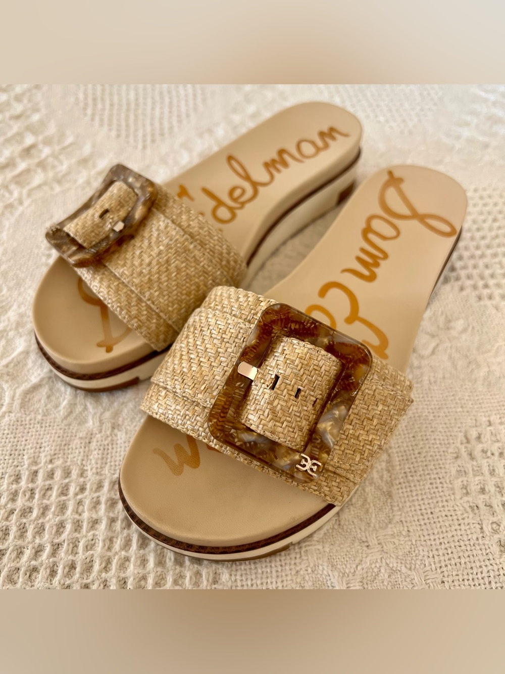 Sam Edelman Ariane Wedge Sandals Raffia Oversized Tortoise Shell Buckle Size 8